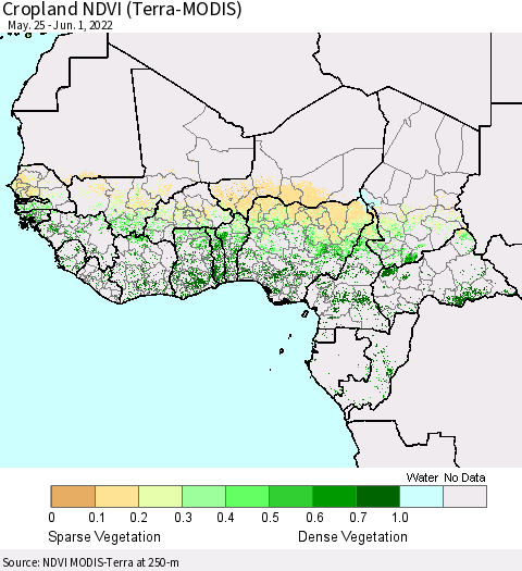 Western Africa Cropland NDVI (Terra-MODIS) Thematic Map For 5/25/2022 - 6/1/2022