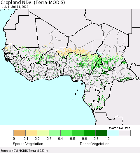 Western Africa Cropland NDVI (Terra-MODIS) Thematic Map For 7/4/2022 - 7/11/2022