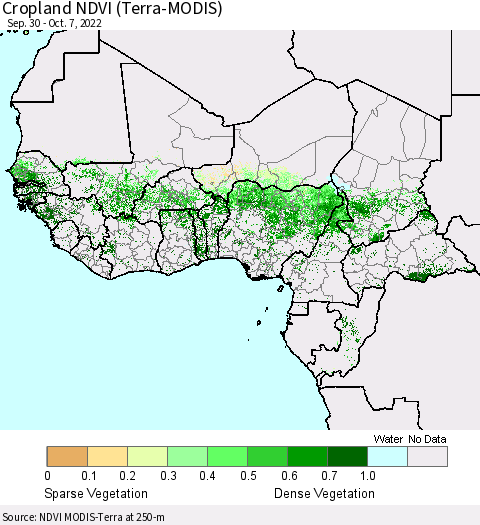 Western Africa Cropland NDVI (Terra-MODIS) Thematic Map For 9/30/2022 - 10/7/2022