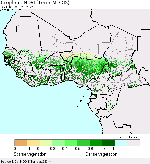 Western Africa Cropland NDVI (Terra-MODIS) Thematic Map For 10/16/2022 - 10/23/2022