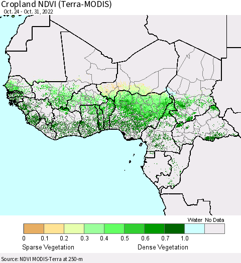 Western Africa Cropland NDVI (Terra-MODIS) Thematic Map For 10/24/2022 - 10/31/2022