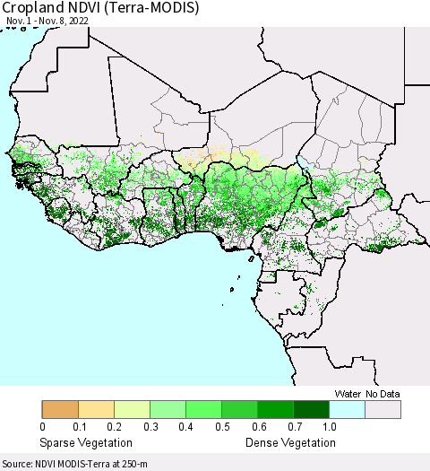 Western Africa Cropland NDVI (Terra-MODIS) Thematic Map For 11/1/2022 - 11/8/2022