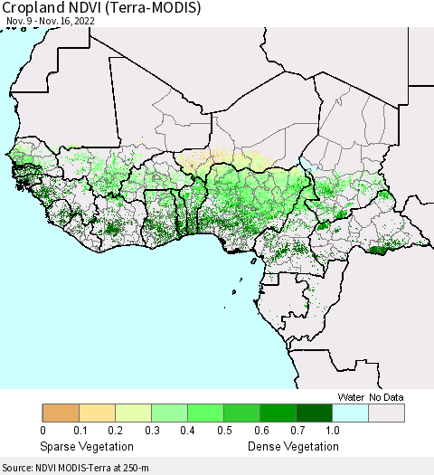 Western Africa Cropland NDVI (Terra-MODIS) Thematic Map For 11/9/2022 - 11/16/2022
