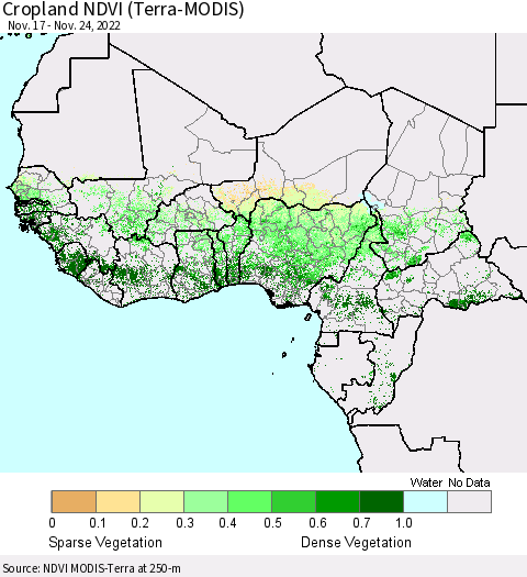 Western Africa Cropland NDVI (Terra-MODIS) Thematic Map For 11/17/2022 - 11/24/2022
