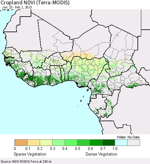 Western Africa Cropland NDVI (Terra-MODIS) Thematic Map For 1/25/2023 - 2/1/2023