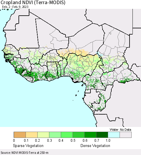 Western Africa Cropland NDVI (Terra-MODIS) Thematic Map For 2/2/2023 - 2/9/2023