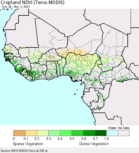 Western Africa Cropland NDVI (Terra-MODIS) Thematic Map For 2/26/2023 - 3/5/2023