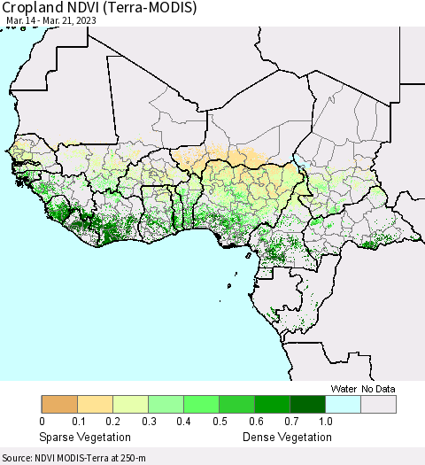 Western Africa Cropland NDVI (Terra-MODIS) Thematic Map For 3/14/2023 - 3/21/2023