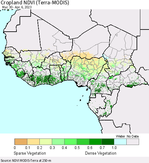 Western Africa Cropland NDVI (Terra-MODIS) Thematic Map For 3/30/2023 - 4/6/2023