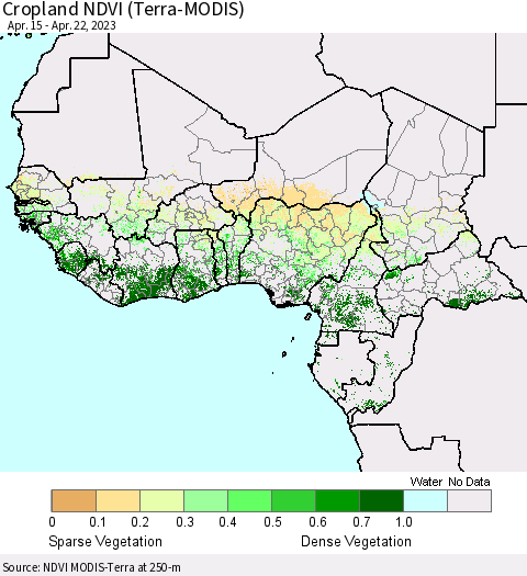 Western Africa Cropland NDVI (Terra-MODIS) Thematic Map For 4/15/2023 - 4/22/2023