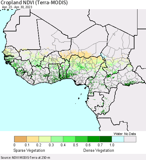 Western Africa Cropland NDVI (Terra-MODIS) Thematic Map For 4/23/2023 - 4/30/2023