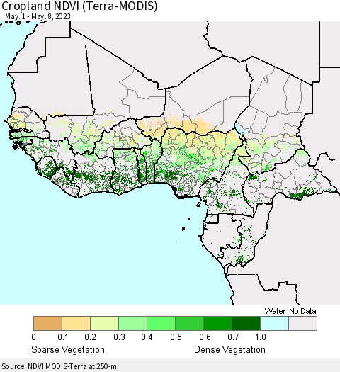 Western Africa Cropland NDVI (Terra-MODIS) Thematic Map For 5/1/2023 - 5/8/2023