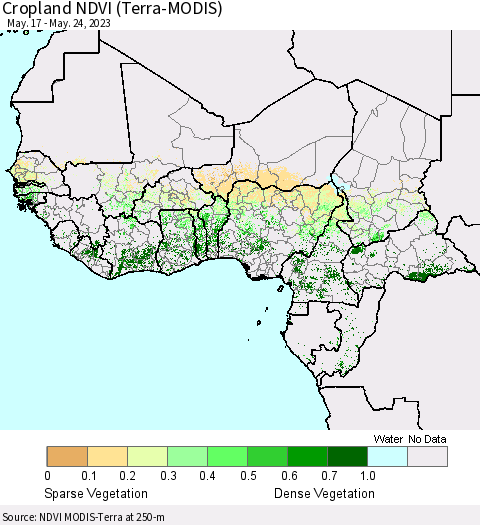 Western Africa Cropland NDVI (Terra-MODIS) Thematic Map For 5/17/2023 - 5/24/2023