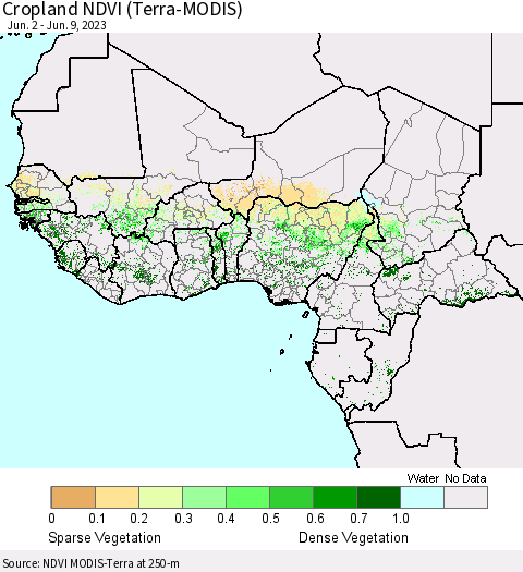 Western Africa Cropland NDVI (Terra-MODIS) Thematic Map For 6/2/2023 - 6/9/2023