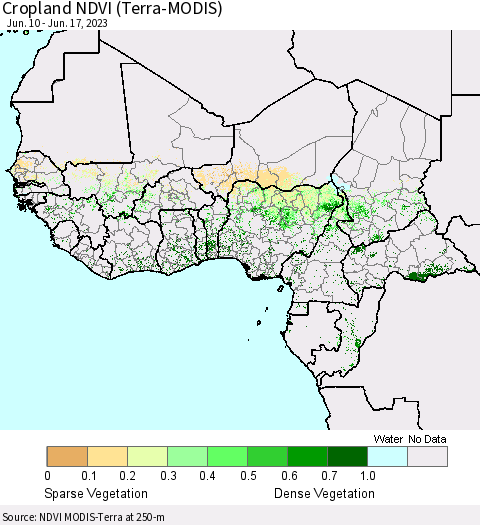 Western Africa Cropland NDVI (Terra-MODIS) Thematic Map For 6/10/2023 - 6/17/2023