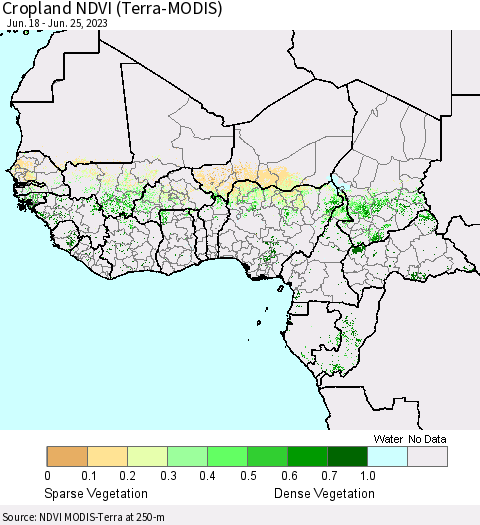 Western Africa Cropland NDVI (Terra-MODIS) Thematic Map For 6/18/2023 - 6/25/2023