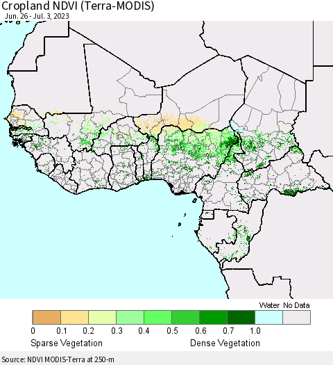 Western Africa Cropland NDVI (Terra-MODIS) Thematic Map For 6/26/2023 - 7/3/2023