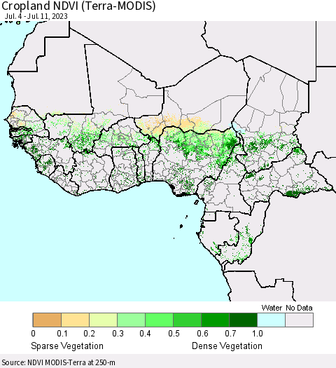 Western Africa Cropland NDVI (Terra-MODIS) Thematic Map For 7/4/2023 - 7/11/2023