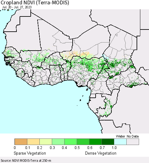 Western Africa Cropland NDVI (Terra-MODIS) Thematic Map For 7/20/2023 - 7/27/2023