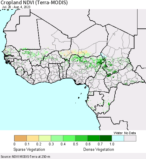 Western Africa Cropland NDVI (Terra-MODIS) Thematic Map For 7/28/2023 - 8/4/2023