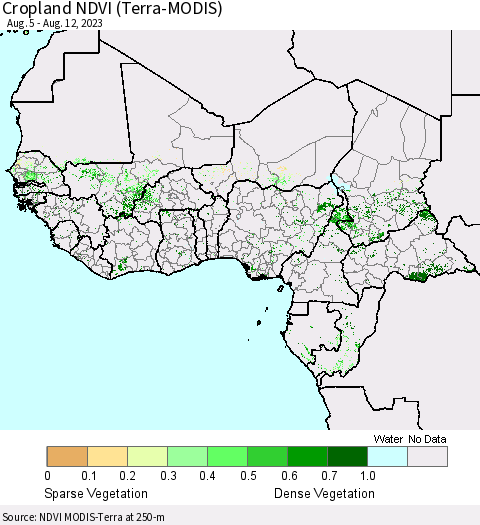 Western Africa Cropland NDVI (Terra-MODIS) Thematic Map For 8/5/2023 - 8/12/2023