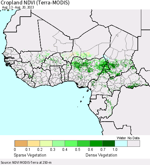 Western Africa Cropland NDVI (Terra-MODIS) Thematic Map For 8/13/2023 - 8/20/2023