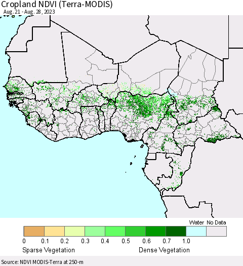 Western Africa Cropland NDVI (Terra-MODIS) Thematic Map For 8/21/2023 - 8/28/2023