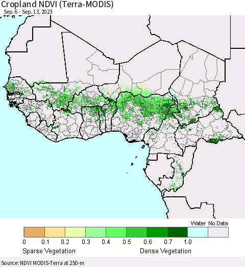 Western Africa Cropland NDVI (Terra-MODIS) Thematic Map For 9/6/2023 - 9/13/2023