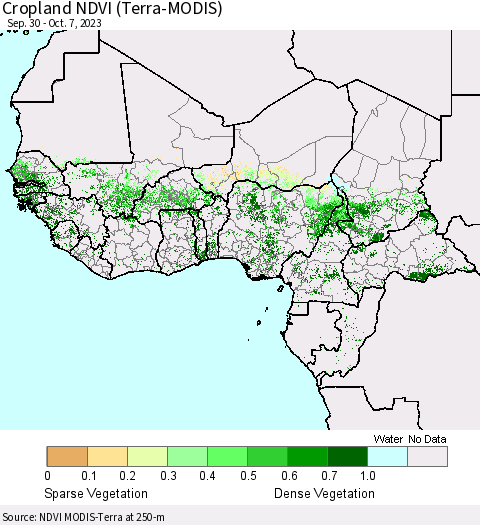 Western Africa Cropland NDVI (Terra-MODIS) Thematic Map For 9/30/2023 - 10/7/2023