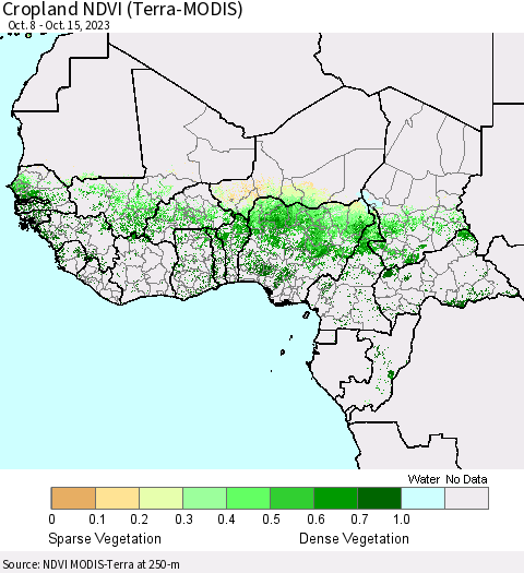 Western Africa Cropland NDVI (Terra-MODIS) Thematic Map For 10/8/2023 - 10/15/2023
