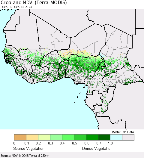 Western Africa Cropland NDVI (Terra-MODIS) Thematic Map For 10/16/2023 - 10/23/2023