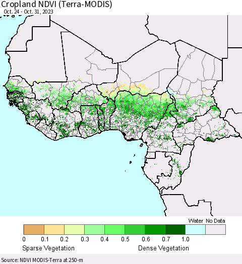 Western Africa Cropland NDVI (Terra-MODIS) Thematic Map For 10/24/2023 - 10/31/2023