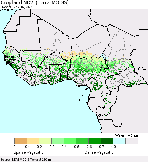 Western Africa Cropland NDVI (Terra-MODIS) Thematic Map For 11/9/2023 - 11/16/2023