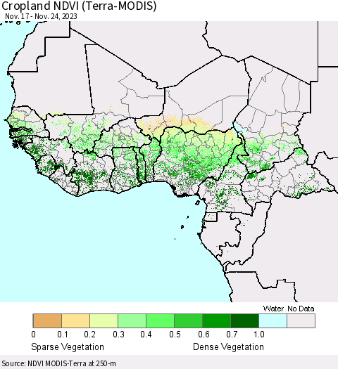 Western Africa Cropland NDVI (Terra-MODIS) Thematic Map For 11/17/2023 - 11/24/2023
