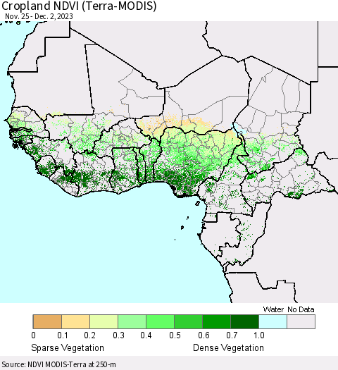 Western Africa Cropland NDVI (Terra-MODIS) Thematic Map For 11/25/2023 - 12/2/2023