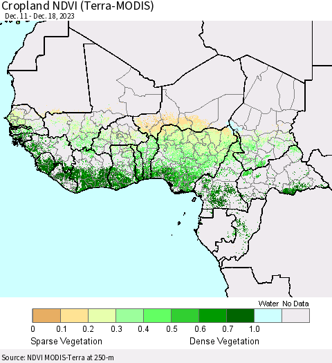 Western Africa Cropland NDVI (Terra-MODIS) Thematic Map For 12/11/2023 - 12/18/2023