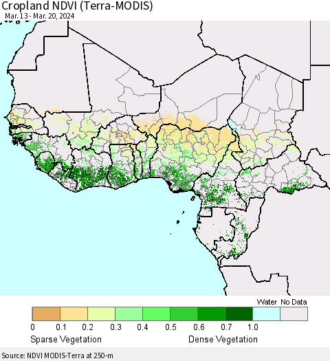 Western Africa Cropland NDVI (Terra-MODIS) Thematic Map For 3/13/2024 - 3/20/2024
