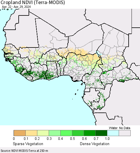 Western Africa Cropland NDVI (Terra-MODIS) Thematic Map For 4/22/2024 - 4/29/2024