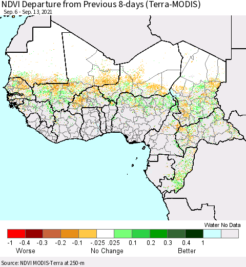 Western Africa NDVI Departure from Previous 8-days (Terra-MODIS) Thematic Map For 9/6/2021 - 9/13/2021