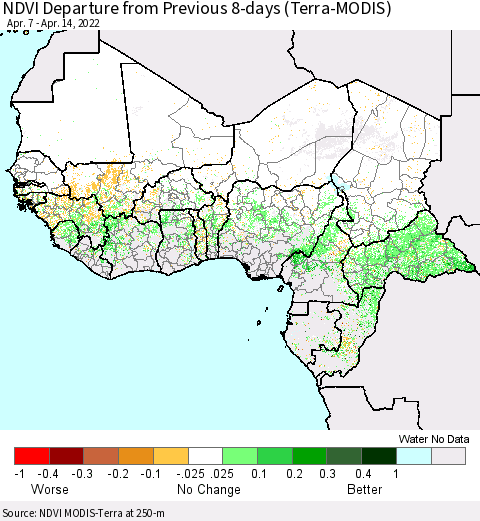 Western Africa NDVI Departure from Previous 8-days (Terra-MODIS) Thematic Map For 4/7/2022 - 4/14/2022