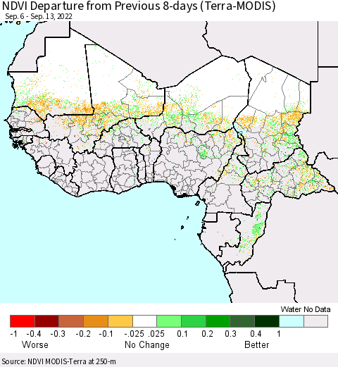 Western Africa NDVI Departure from Previous 8-days (Terra-MODIS) Thematic Map For 9/6/2022 - 9/13/2022