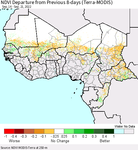 Western Africa NDVI Departure from Previous 8-days (Terra-MODIS) Thematic Map For 9/14/2022 - 9/21/2022