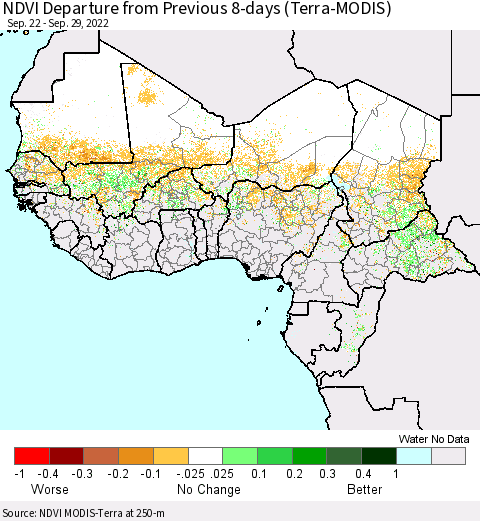 Western Africa NDVI Departure from Previous 8-days (Terra-MODIS) Thematic Map For 9/22/2022 - 9/29/2022