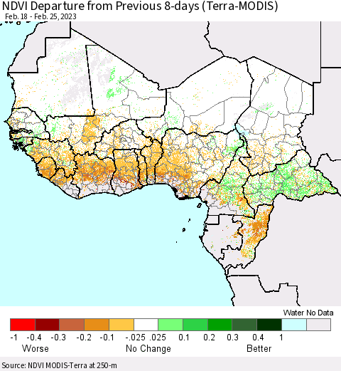 Western Africa NDVI Departure from Previous 8-days (Terra-MODIS) Thematic Map For 2/18/2023 - 2/25/2023