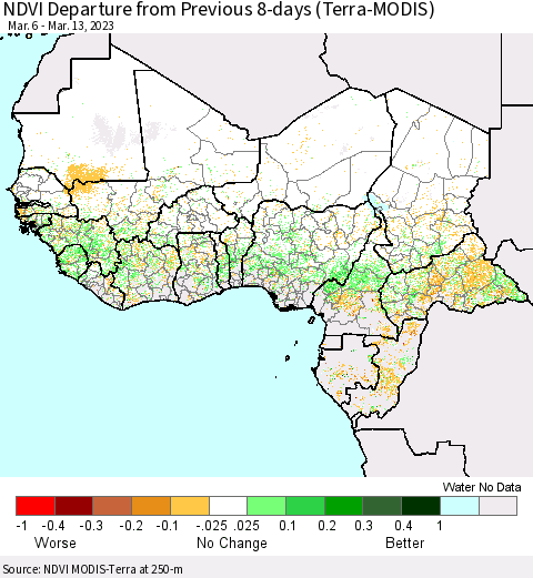 Western Africa NDVI Departure from Previous 8-days (Terra-MODIS) Thematic Map For 3/6/2023 - 3/13/2023