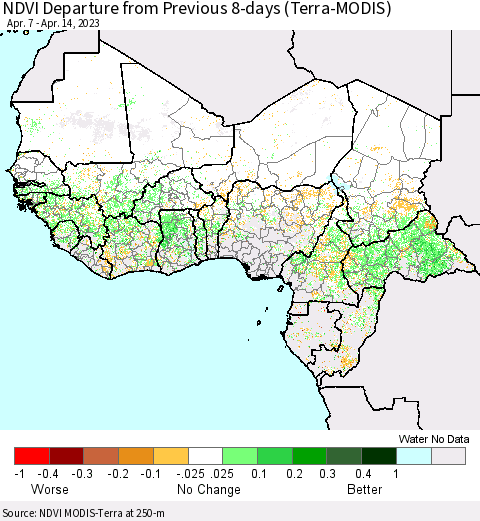 Western Africa NDVI Departure from Previous 8-days (Terra-MODIS) Thematic Map For 4/7/2023 - 4/14/2023