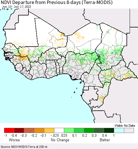 Western Africa NDVI Departure from Previous 8-days (Terra-MODIS) Thematic Map For 6/10/2023 - 6/17/2023