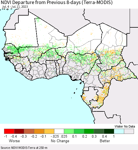 Western Africa NDVI Departure from Previous 8-days (Terra-MODIS) Thematic Map For 7/4/2023 - 7/11/2023