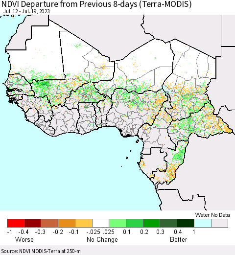 Western Africa NDVI Departure from Previous 8-days (Terra-MODIS) Thematic Map For 7/12/2023 - 7/19/2023