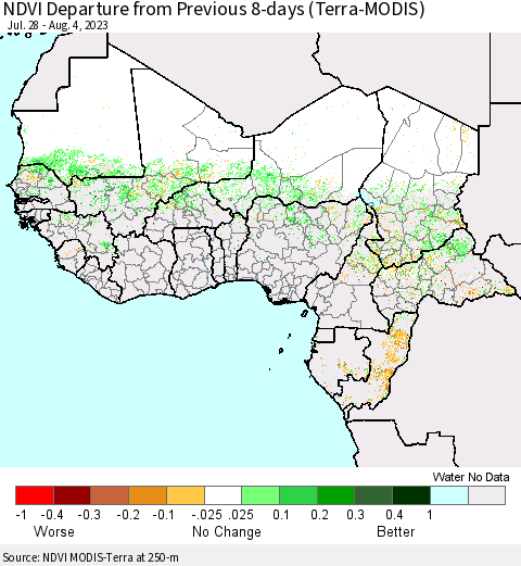 Western Africa NDVI Departure from Previous 8-days (Terra-MODIS) Thematic Map For 7/28/2023 - 8/4/2023